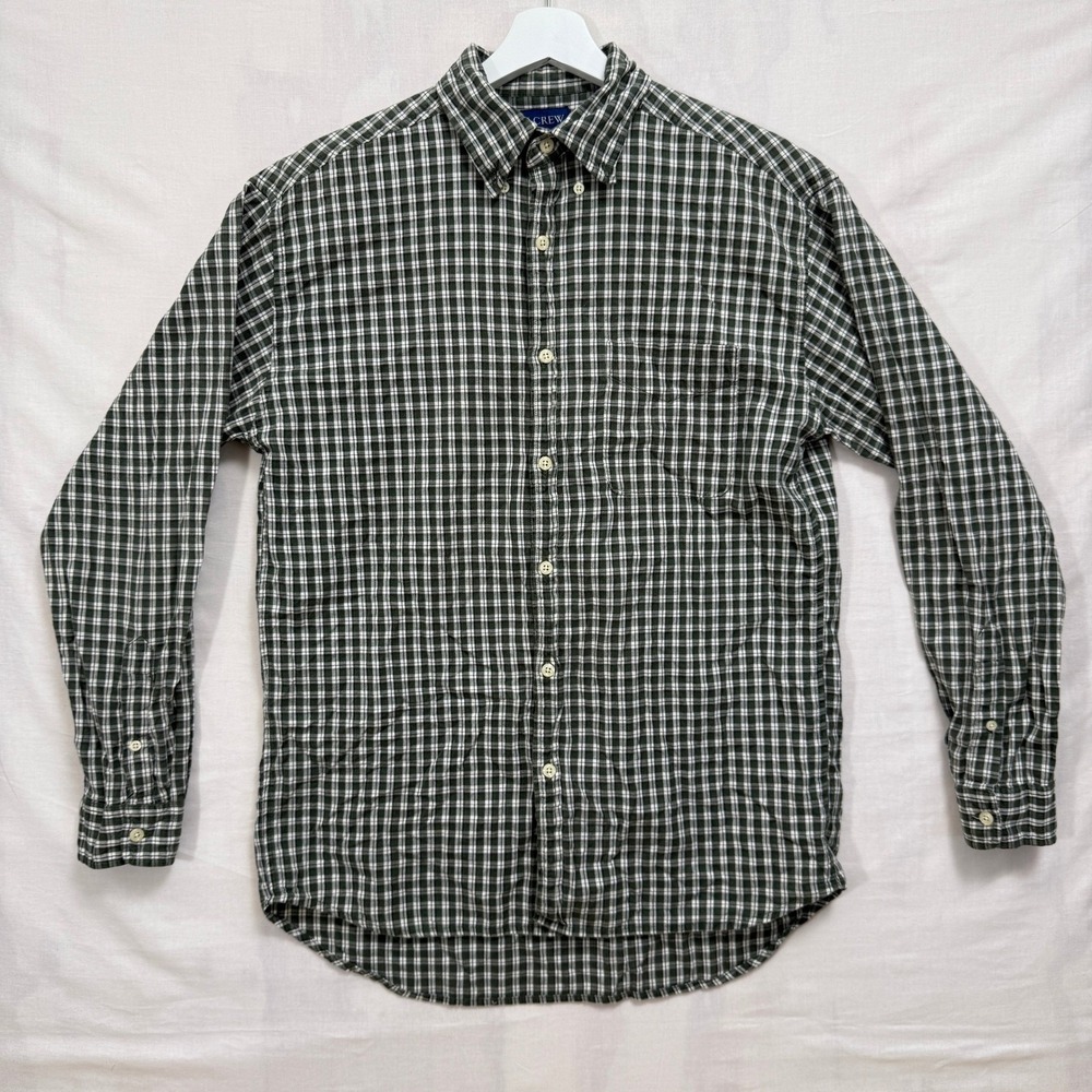 J.Crew Button Down Mens Small Green White Gingham Plaid Long Sleeve Cotton Shirt